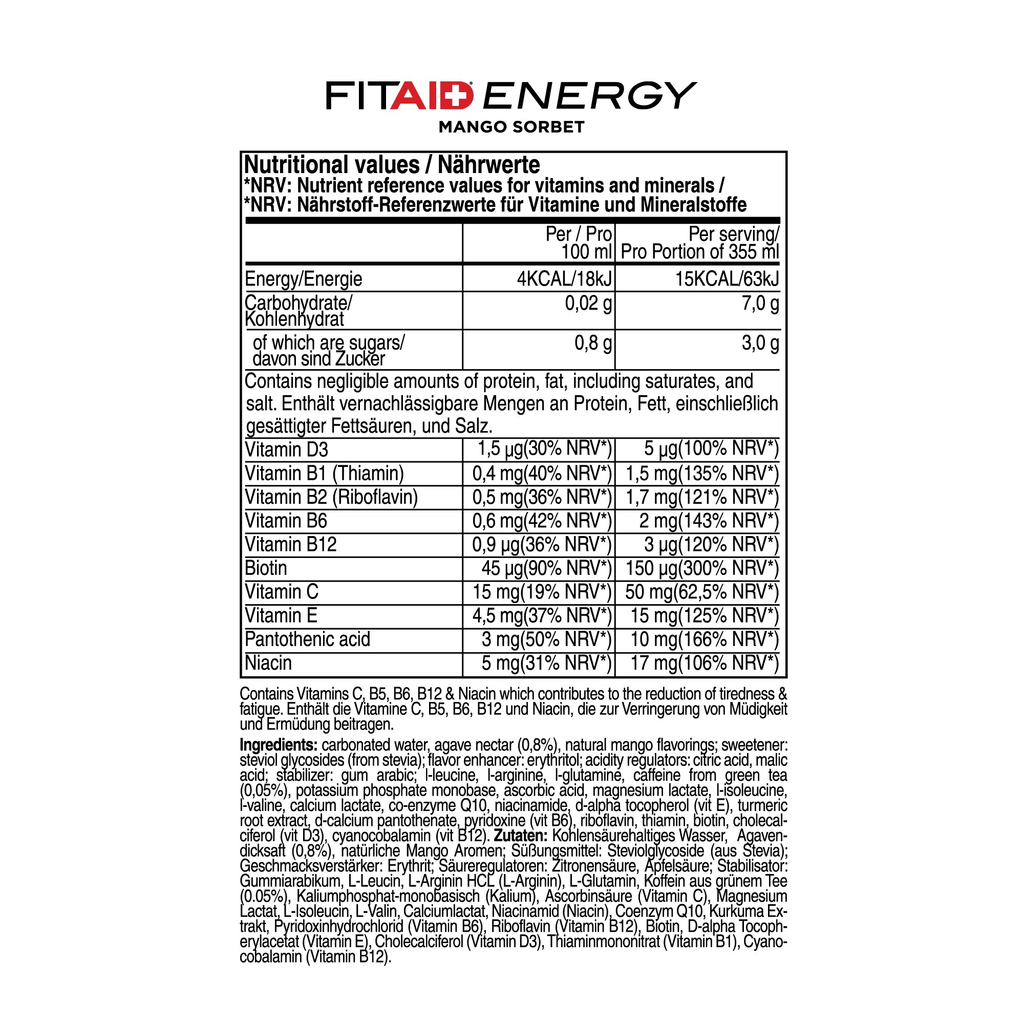 FITAID ENERGY + SPORTS RECOVERY 105mg OF CLEAN CAFFEINE FROM GREEN TEA (MANGO SORBET)