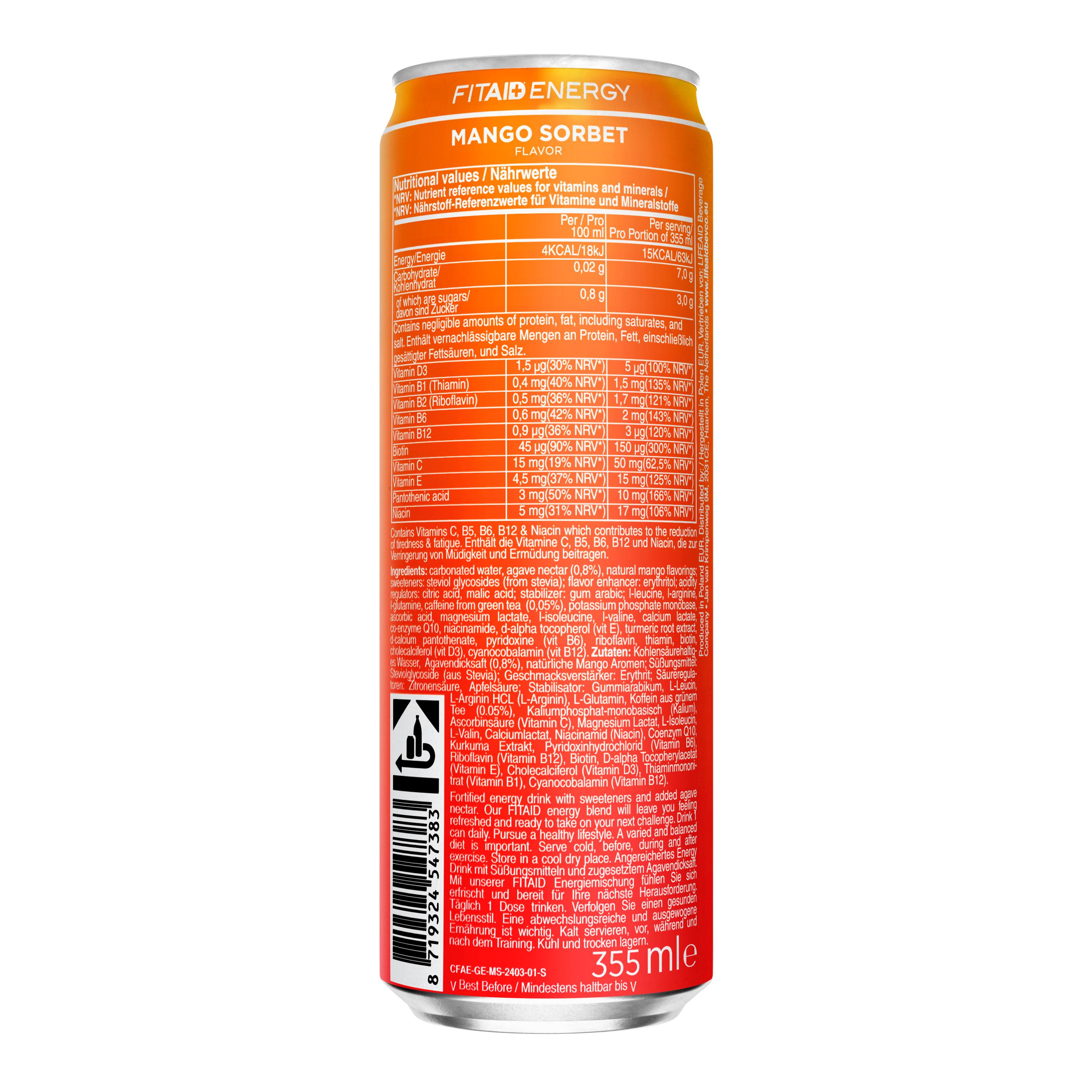 FITAID ENERGY + SPORTS RECOVERY 105mg OF CLEAN CAFFEINE FROM GREEN TEA (MANGO SORBET)